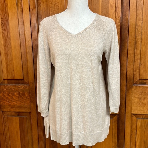 H by Halston V-neck Open Sleeves/Cape Back Heathered Tan Cotton/Rayon Sweater S - Picture 1 of 10